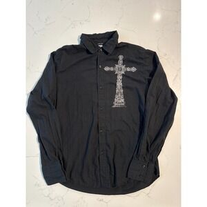 Pop Icon Mens Black Long Sleeve Button Up Shirt Large Cross Graphic